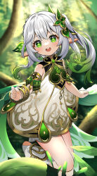 Rule 34 | 1girl, :d, absurdres, bloomers, bracelet, child, commission, cross-shaped pupils, detached sleeves, dress, genshin impact, gold trim, green eyes, hair ornament, highres, jewelry, leaf hair ornament, multicolored hair, nahida (genshin impact), open mouth, pixiv commission, pointy ears, side ponytail, sleeveless, sleeveless dress, smile, solo, standing, standing on one leg, symbol-shaped pupils, two-tone hair, underwear, white bloomers, white dress, white footwear, white hair, yuujin (yuzinn333)