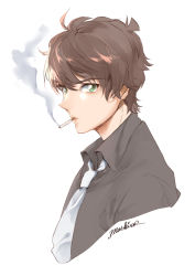 Rule 34 | 1boy, ahoge, black shirt, brown hair, cigarette, collared shirt, commentary request, cropped torso, dreaming182, green eyes, grey background, grey necktie, hair between eyes, highres, male focus, matsuda jinpei, meitantei conan, mouth hold, necktie, shirt, short hair, simple background, smoke, smoking, solo, upper body