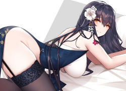 Rule 34 | 1girl, all fours, ass, ass focus, azuma (azur lane), azuma (soft voice of spring) (azur lane), azur lane, bare shoulders, bed, bed sheet, bedroom, black dress, black hair, black thighhighs, blush, breast focus, breasts, brown eyes, closed mouth, commentary request, dress, flower, flower hair ornament, flower on head, garter straps, hair between eyes, hair flower, hair ornament, hairclip, hanging breasts, large breasts, long hair, looking at viewer, on bed, pillow, presenting, red eyes, siu (siu0207), smile, solo, thick thighs, thighhighs, thighs, white flower