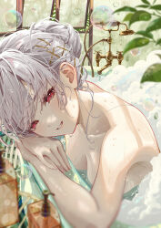 Rule 34 | 1girl, bare shoulders, bath, bubble, grey hair, highres, ito lab, looking at viewer, original, red eyes, smile, solo