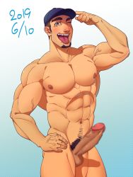 Rule 34 | 1boy, abs, bara, erection, hat, highres, looking at viewer, male focus, muscular, nipples, nude, pectorals, penis, presenting, smith (ardp13), solo, tongue, tongue out