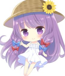 Rule 34 | 1girl, barefoot, blue ribbon, blush, braid, chibi, commentary request, dress, flower, hat, kagome f, patchouli knowledge, purple eyes, purple hair, red ribbon, ribbon, smile, sun hat, sundress, sunflower, touhou, twin braids, white dress