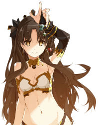 Rule 34 | armlet, asymmetrical sleeves, black bow, black hair, bow, breasts, bridal gauntlets, cleavage, crown, detached collar, earrings, elbow gloves, fate/grand order, fate (series), gem, gloves, highres, hoop earrings, ishtar (fate), jewelry, long hair, navel, neck ring, parted bangs, shikei, single elbow glove, solo, tiara, two side up, uneven sleeves, yellow eyes
