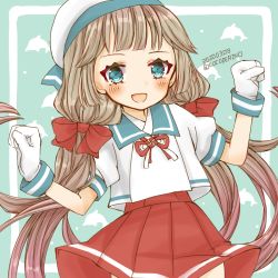 Rule 34 | 1girl, animal ears, blue background, blue sailor collar, cocoperino, commentary request, cow ears, cow horns, cow tail, dolphin, gloves, green eyes, grey hair, hat, horns, kantai collection, long hair, looking at viewer, low twintails, mikura (kancolle), pleated skirt, puffy short sleeves, puffy sleeves, red skirt, sailor collar, sailor hat, sailor shirt, shirt, short sleeves, skirt, solo, tail, twintails, two-tone background, white gloves, white shirt