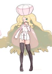 Rule 34 | 1girl, ;o, absurdres, adapted costume, blonde hair, boots, brown footwear, caitlin (pokemon), cape, commentary request, creatures (company), dress, game freak, hand up, hat, highres, kakikuyeko3181, long hair, long sleeves, nintendo, one eye closed, open mouth, parted bangs, pink cape, pink hat, pokemon, pokemon bw, see-through cape, sidelocks, solo, thigh boots, thighs, very long hair, wavy hair, white dress, yawning