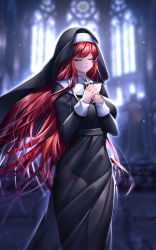 Rule 34 | 1girl, absurdres, been, black dress, black headwear, blurry, blurry background, church, closed eyes, closed mouth, dress, elesis (elsword), elsword, floating hair, highres, indoors, long hair, long sleeves, nun, own hands clasped, own hands together, red hair, see-through silhouette, solo, standing, traditional nun, veil, very long hair