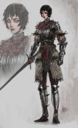 Rule 34 | 1girl, absurdres, armor, azure meraki, black hair, breastplate, brown pants, carmina (azure meraki), chainmail, closed mouth, dated, gambeson, gauntlets, grey eyes, highres, holding, holding sword, holding weapon, looking at viewer, armored boots, original, pants, plate armor, short hair, signature, solo, standing, sword, weapon, zoom layer