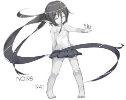 Rule 34 | 1girl, absurdly long hair, abyssal ship, alternate hair color, bad id, bad pixiv id, bare legs, barefoot, black hair, black skirt, cer (cerber), closed mouth, collarbone, eyebrows, feet, full body, legs apart, long hair, miniskirt, one eye closed, outstretched arm, pale skin, pleated skirt, pointy ears, ponytail, shirt, skirt, smile, solo, standing, text focus, u505 (warship girls r), very long hair, warship girls r, white background, white shirt, yellow eyes