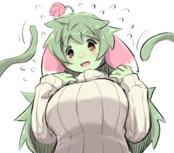 Rule 34 | 1girl, :d, bad id, bad pixiv id, blush, breasts, brown sweater, colored skin, flower, flying sweatdrops, green hair, green skin, hair between eyes, hands up, highres, large breasts, long hair, long sleeves, looking at viewer, monster girl, open mouth, original, pink flower, pink rose, plant girl, red eyes, ribbed sweater, rose, simple background, smile, solo, sweater, tentacles, turtleneck, turtleneck sweater, u-non (annon&#039;an), very long hair, white background