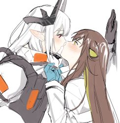 Rule 34 | 2girls, animal ears, arknights, blonde hair, blush, brown hair, cat ears, cat girl, closed mouth, collar grab, colored inner hair, commentary, demon girl, demon horns, ear blush, folinic (arknights), gloves, height difference, horns, imminent kiss, kabedon, long hair, long sleeves, mudrock (arknights), multicolored hair, multiple girls, pointy ears, pulling, red eyes, since2019, symbol-only commentary, two-tone hair, white hair, yellow eyes, yuri