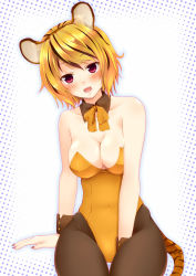Rule 34 | 1girl, alternate costume, animal ears, bad id, bad pixiv id, bare shoulders, black hair, black pantyhose, blonde hair, blush, bow, bowtie, breasts, cleavage, covered navel, detached collar, fake animal ears, fake tail, female focus, kittysuit, large breasts, leotard, multicolored hair, nnyara, nontraditional playboy bunny, open mouth, orange bow, orange bowtie, pantyhose, playboy bunny, short hair, sitting, solo, tail, tiger ears, tiger tail, toramaru shou, touhou, two-tone hair, wrist cuffs