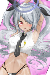 Rule 34 | 1girl, adapted costume, armpits, arms up, asigeakito, black necktie, blue archive, dark skin, highres, iori (blue archive), lotion, necktie, one eye closed, open mouth, orange eyes, pointy ears, twintails, underwear