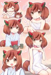 Rule 34 | +++, 1girl, :d, :o, animal ears, bare arms, bare shoulders, blush, bow, brown eyes, brown hair, chibi, closed mouth, collarbone, commentary request, cup, ear bow, flying sweatdrops, green bow, grey kimono, hair between eyes, hair down, highres, horse ears, horse girl, horse tail, japanese clothes, kimono, looking at viewer, mikurun, multicolored hair, multiple views, naked towel, nice nature (umamusume), obi, onsen, open mouth, parted lips, sash, sitting, smile, streaked hair, tail, towel, twintails, umamusume, yunomi