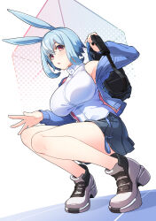 Rule 34 | 1girl, animal ears, backpack, bag, bare shoulders, blue hair, blue jacket, blue skirt, breasts, commentary request, halftone, halftone background, highres, holding strap, jacket, large breasts, looking at viewer, multicolored hair, open clothes, open jacket, original, parted lips, pleated skirt, rabbit ears, red eyes, shirt, shoes, short hair, skirt, sleeveless, sleeveless shirt, solo, squatting, streaked hair, tiptoes, tsukinami kousuke, white background, white footwear, white hair, white shirt