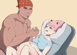 Rule 34 | 1boy, 1girl, :d, american flag, aqua eyes, artist request, bandana, bed, breasts, collarbone, couple, darling in the franxx, gachimuchi pants wrestling, green eyes, hairband, happy, hetero, holding hands, horns, hospital bed, hospital gown, jewelry, lying, medium breasts, navel, necklace, on back, oni horns, open mouth, pale skin, pillow, pink hair, pregnant, red horns, ricardo milos, short sleeves, simple background, smile, thong, underwear, what, wrestling (series), yellow background, zero two (darling in the franxx)