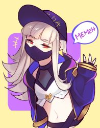 Rule 34 | 1girl, absurdres, akali, akali (cosplay), artist name, baseball cap, cosplay, fire emblem, fire emblem heroes, grey hair, hat, highres, jacket, k/da (league of legends), k/da akali, league of legends, long hair, long sleeves, mask, memeh, midriff, mouth mask, navel, nintendo, open clothes, open jacket, red eyes, simple background, sleeves past wrists, solo, upper body, veronica (fire emblem)