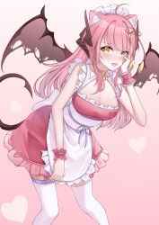 Rule 34 | 1girl, absurdres, apron, bare arms, blush, breasts, cleavage, commission, dress, hair ornament, heart, highres, horns, indie virtual youtuber, large breasts, long hair, looking at viewer, maid, maid headdress, open mouth, pink background, pink dress, pixiv commission, simple background, smile, solo, sorayo noriyuki, tail, thighhighs, torn wings, virtual youtuber, white apron, white headwear, white thighhighs, wings, yellow eyes