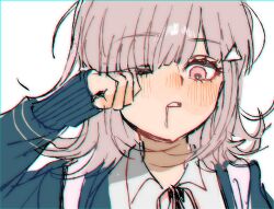 1girl blunt_bangs blush brown_hair collared_shirt danganronpa_(series) danganronpa_2:_goodbye_despair flipped_hair green_jacket hair_ornament highres jacket long_sleeves medium_hair messy_hair nanami_chiaki neck_ribbon pink_eyes pink_ribbon portrait ribbon saliva shirt simple_background solo triangle_hair_ornament white_background yeonju