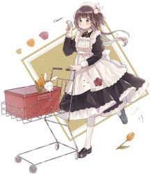 Rule 34 | 1girl, animal, apron, black dress, black footwear, blush, brown background, brown hair, closed mouth, collared dress, commentary request, dress, flower, grey eyes, hair ornament, hand up, holding, juliet sleeves, loafers, long hair, long sleeves, maid, maid apron, maid headdress, original, pantyhose, pleated dress, puffy sleeves, rabbit, rabbit hair ornament, running, shano-pirika, shoes, shopping cart, solo, tulip, two-tone background, very long hair, white apron, white background, white pantyhose, yellow flower