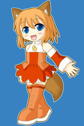 Rule 34 | 1girl, animal ears, bare shoulders, blonde hair, blue eyes, blush, boots, chibi, chibi only, detached sleeves, fang, fox ears, fox tail, looking at viewer, mozilla firefox, os-tan, personification, short hair, smile, solo, tail, thigh boots, thighhighs