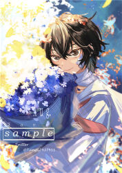 Rule 34 | 1boy, artist name, bandaged neck, bandages, bandaid, bandaid on cheek, bandaid on face, bishounen, blue background, bouquet, brown eyes, brown hair, bungou stray dogs, chinese commentary, closed mouth, collared shirt, commentary, dazai osamu (bungou stray dogs), eyelashes, flower, hair between eyes, highres, holding, holding bouquet, light particles, lips, looking at viewer, male focus, neckerchief, petals, purple flower, red neckerchief, sailor collar, sailor shirt, sample watermark, sanshui guantang, shirt, short hair, short sleeves, smile, solo, sunlight, tree, twitter username, upper body, watermark, white sailor collar, white shirt, white sleeves