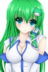 Rule 34 | 1girl, blue eyes, blush, breasts, breasts squeezed together, chestnut mouth, cleavage, detached sleeves, frog hair ornament, gengodou, green hair, hair ornament, head tilt, highres, impossible clothes, impossible shirt, kochiya sanae, large breasts, looking at viewer, open mouth, shirt, simple background, snake hair ornament, solo, tapisuke, touhou, upper body, white background