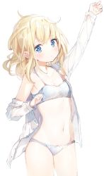 Rule 34 | 1girl, arm up, blonde hair, blue bra, blue eyes, blue panties, bra, breasts, cowboy shot, disheveled, highres, long hair, looking at viewer, navel, niito, off shoulder, open clothes, open shirt, panties, shirt, simple background, sketch, small breasts, solo, underwear, white background