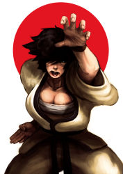 Rule 34 | 1girl, black hair, breasts, capcom, cleavage, dcwj, dougi, fighting stance, flag, hair over one eye, large breasts, makoto (street fighter), short hair, solo, street fighter, street fighter iii (series)