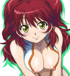 Rule 34 | 00s, 1girl, areola slip, blush, breasts squeezed together, breasts, cleavage, covered erect nipples, freckles, gundam, gundam 00, large breasts, nanamo, nanamo (002a), nena trinity, nipple slip, nipples, red hair, solo, two side up, yellow eyes
