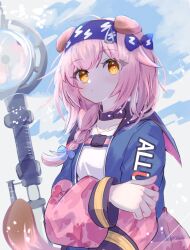 Rule 34 | 1girl, animal ears, antenna hair, arknights, black collar, blue bow, blue hairband, blue jacket, bow, braid, cat ears, cat girl, clothes writing, collar, deyuaru, floppy ears, goldenglow (arknights), hair bow, hair ornament, hairband, hairclip, highres, jacket, lightning bolt print, long hair, long sleeves, looking at viewer, multicolored clothes, multicolored jacket, open clothes, open jacket, pink hair, pink jacket, print bow, print hairband, shirt, solo, staff, two-tone jacket, upper body, white shirt, yellow eyes