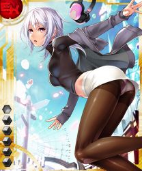Rule 34 | 1girl, amamiya shisui, ass, blue sky, breasts, brown eyes, card (ex-red), card (medium), card (pvp), cloud, day, feet, female focus, headphones, jacket, lilith-soft, long sleeves, medium breasts, midriff, miniskirt, navel, off shoulder, official art, open clothes, open jacket, open mouth, outdoors, panties, panties under pantyhose, pantyhose, petals, sano toshihide, shoes, unworn shoes, single shoe, skirt, sky, sleeves past wrists, sneakers, solo, stuffed animal, stuffed toy, taimanin (series), taimanin asagi battle arena all card gallery, taimanin asagi kessen arena, turtleneck, underwear, white hair