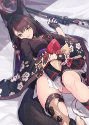 Rule 34 | 1girl, animal ear fluff, animal ears, bed sheet, black gloves, black hair, black kimono, black nails, blue archive, blush, breasts, fingerless gloves, fishnet thighhighs, fishnets, floral print, fox ears, fox girl, fox tail, gloves, gun, hair ornament, halo, hetaren (ramark), highres, japanese clothes, kimono, large breasts, long hair, long sleeves, looking at viewer, lying, nail polish, obi, on back, on bed, parted lips, print kimono, print thighhighs, rifle, sash, single thighhigh, skindentation, slit pupils, smile, solo, tail, thighhighs, thighs, torn clothes, torn thighhighs, very long hair, wakamo (blue archive), watermark, weapon, wide sleeves, yellow eyes