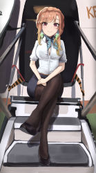Rule 34 | 1girl, absurdres, aircraft, airplane, alternate costume, ascot, ass, black footwear, black skirt, braid, breasts, cleavage, closed mouth, crossed legs, crown braid, earrings, feather earrings, feathers, flight attendant, high heels, highres, hololive, hololive english, jewelry, long hair, looking at viewer, medium breasts, orange hair, pantyhose, partially unzipped, pencil skirt, purple eyes, short sleeves, sidelocks, sitting, skirt, smile, solo, stairs, takanashi kiara, travel attendant, vicarious, virtual youtuber