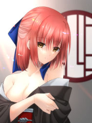 Rule 34 | 1girl, bare shoulders, black kimono, blue bow, blush, bow, breasts, brown eyes, closed mouth, collarbone, commentary request, hair bow, half updo, highres, indoors, japanese clothes, kimono, kohaku (tsukihime), looking at viewer, medium breasts, obi, red hair, sash, short hair, smile, solo, tsukihime, undressing, upper body, vent vert (kuuya)