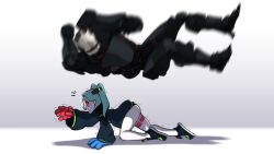 Rule 34 | 1boy, 1girl, ^^^, adam smasher, all fours, artificial eye, black jacket, black panties, clenched hands, colored sclera, commentary, crawling, cyberpunk (series), cyberpunk edgerunners, cyborg, english commentary, fewer digits, from side, fuze elbow dropping a hostage (meme), green hair, highres, jacket, leg tattoo, long sleeves, looking at another, looking down, mechanical eye, mechanical hands, meme, motion blur, outstretched hand, panicking, panties, parody, rebecca (cyberpunk), red eyes, red sclera, samurai jacket (cyberpunk), slimedrippynsfw, spoilers, tattoo, trembling, twintails, underwear, white background, wide sleeves