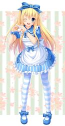 Rule 34 | 1girl, ;d, alice (alice in wonderland), alice in wonderland, blonde hair, blue bow, blue eyes, blue footwear, bow, dress, frilled dress, frills, hair bow, heart, heart hands, highres, korotan, legs, mary janes, one eye closed, open mouth, pantyhose, shoes, smile, solo, striped background, striped clothes, striped pantyhose, vertical stripes, wink, wrist cuffs