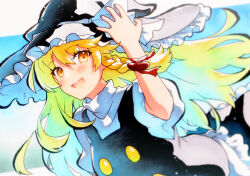 Rule 34 | 1girl, black hat, black vest, blonde hair, blush, bow, braid, hair between eyes, hat, hat bow, highres, kirisame marisa, long hair, open mouth, puffy short sleeves, puffy sleeves, qqqrinkappp, shirt, short sleeves, single braid, smile, solo, touhou, upper body, vest, white bow, white shirt, witch hat, yellow eyes