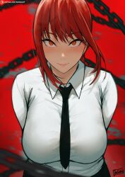 Rule 34 | 1girl, batako (batakoart), black necktie, braid, breasts, chain, chainsaw man, closed mouth, collared shirt, highres, large breasts, looking at viewer, makima (chainsaw man), necktie, orange eyes, red hair, ringed eyes, shirt, smile, solo, white shirt, wing collar