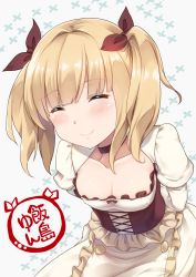 Rule 34 | 10s, 1girl, blonde hair, blush, bow, breasts, cleavage, closed mouth, corset, dress, eyebrows, closed eyes, frilled dress, frills, hair bow, highres, iijima yun, long sleeves, new game!, puffy sleeves, small breasts, smile, solo, sorano (12gou), two side up