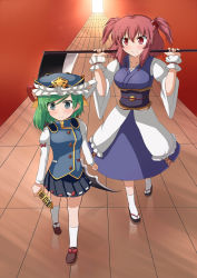 Rule 34 | 2girls, asymmetrical hair, blue eyes, blush, breasts, cleavage, coin, collarbone, crown, green hair, hair bobbles, hair ornament, hallway, highres, japanese clothes, juliet sleeves, kimono, large breasts, loafers, long sleeves, miniskirt, mono (mono60), multiple girls, obi, onozuka komachi, over shoulder, puffy sleeves, red eyes, red hair, rod of remorse, sandals, sash, scythe, shiki eiki, shoes, skirt, smile, socks, touhou, tsurime, two side up, vest, walking, weapon, weapon over shoulder, wide sleeves, wrist cuffs