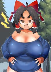 Rule 34 | 1girl, ahoge, black hair, blue shirt, bow, breasts, brown eyes, cleavage, commentary request, cookie (touhou), covered erect nipples, hair bow, hakurei reimu, hands on own hips, highres, huge breasts, lets0020, looking at viewer, off-shoulder shirt, off shoulder, open mouth, red bow, shirt, short hair, solo, touhou, tree, upper body, v-shaped eyebrows, web (cookie)