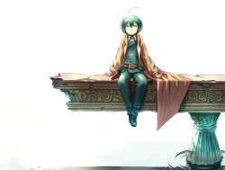 Rule 34 | 00s, 1girl, ahoge, bad id, bad pixiv id, belt, belt pouch, boots, coat, formal, full body, green eyes, green hair, kaneni, kino (kino no tabi), kino no tabi, matching hair/eyes, pouch, reverse trap, ruins, short hair, simple background, sitting, solo, suit, white background