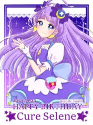 Rule 34 | 1girl, blue eyes, character name, choker, crescent, crescent earrings, cure selene, dated, dress, earrings, hair ornament, happy birthday, heart pouch, jewelry, kaguya madoka, long hair, looking at viewer, magical girl, planet hair ornament, precure, puffy sleeves, purple background, purple choker, purple dress, purple hair, rainbow skirt, smile, solo, star (symbol), star choker, star color pen, star color pendant, star twinkle precure, tanshi tanshi, twitter username, upper body, white background