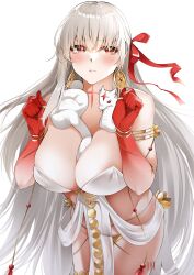 Rule 34 | 1girl, absurdres, armlet, bare shoulders, belly chain, blush, body markings, bracelet, breasts, cleavage, collarbone, colored skin, durga (fate), earrings, facial mark, fate/grand order, fate (series), forehead mark, gradient skin, grey hair, hair ribbon, highres, jewelry, large breasts, len (hand linke), long hair, looking at viewer, pelvic curtain, red eyes, red skin, revealing clothes, ribbon, sash, snake, solo, thighs, thumb ring, very long hair, white background