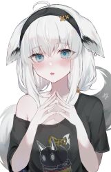 Rule 34 | 1girl, ahoge, animal ears, black hairband, black shirt, blue eyes, blush, breasts, cleavage, earrings, ears down, fang, fox ears, fox girl, fox tail, hair between eyes, hairband, hands up, highres, hololive, jewelry, long hair, looking at viewer, low twintails, medium breasts, mofumin, off shoulder, official alternate costume, parted lips, pentagram, shirakami fubuki, shirakami fubuki (loungewear), shirt, sidelocks, simple background, single earring, skin fang, solo, steepled fingers, tail, tearing up, tears, twintails, twitter username, upper body, virtual youtuber, white background, white hair