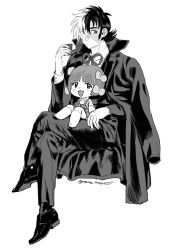 Rule 34 | 1boy, 1girl, :3, :d, :|, artist name, black jack (character), black jack (series), blush, bow, closed mouth, coat, coat on shoulders, collared shirt, crossed legs, dress, expressionless, full body, greyscale, hair bow, hand up, highres, holding, holding smoking pipe, invisible chair, kneehighs, looking to the side, mame moyashi, monochrome, multicolored hair, multiple hair bows, open clothes, open coat, open mouth, pants, patchwork skin, pinafore dress, pinoko, scar, scar on face, shirt, shoes, short hair, short sleeves, sideburns, simple background, sitting, sitting on lap, sitting on person, sleeveless, sleeveless dress, smile, smoking pipe, socks, split-color hair, turtleneck, twitter username, two-tone hair, wing collar