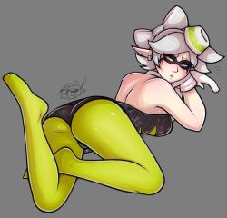 Rule 34 | 1girl, ass, back, bow, breasts, chibi, chibi inset, earrings, food, food on head, full body, gloves, green pantyhose, grey background, hair bow, highres, inkling, jewelry, marie (splatoon), medium breasts, mole, mole under eye, nintendo, no shoes, object on head, pantyhose, pointy ears, short hair, silver hair, simple background, solo, splatoon (series), splatoon 1, tabletorgy, unitard, white gloves, yellow eyes