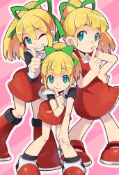Rule 34 | 3girls, android, black legwear, blonde hair, boots, bow, capcom, doll joints, dress, female focus, grin, hair between eyes, hair bow, hand on own hip, hood, io naomichi, joints, legs apart, mega man (classic), mega man (series), mega man 11, multiple girls, multiple persona, one eye closed, outline, ponytail, roll (mega man), smile, socks, standing