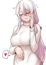 Rule 34 | 1girl, 2poet, 9a-91 (girls&#039; frontline), absurdres, blush, breasts, closed eyes, commentary, dress, girls&#039; frontline, glint, grey hair, heart, highres, jewelry, large breasts, long hair, long sleeves, ribbed sweater, ring, simple background, smile, solo, spoken heart, sweater, sweater dress, very long hair, wedding ring, white background, white dress