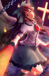 Rule 34 | 1girl, arm cannon, bird wings, black hair, black socks, black wings, bow, cape, chain, collar, collared shirt, cross, dress shirt, eyebrows, frilled shirt collar, frills, from side, green bow, green skirt, hair between eyes, hair bow, highres, leg up, long hair, looking at viewer, looking to the side, parted lips, puffy short sleeves, puffy sleeves, red eyes, reiuji utsuho, shirt, short sleeves, sidelocks, skirt, socks, solo, third eye, touhou, weapon, white shirt, wings, zhe mao